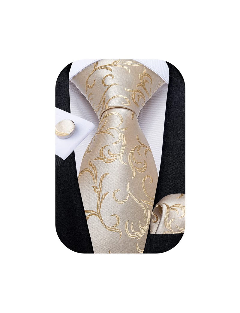 DiBanGu Mens Tie Set Silk Solid Paisley Necktie and Pocket Square Cufflinks Classic Formal Ties for Men Wedding Party, Champagne Gold - Image 1
